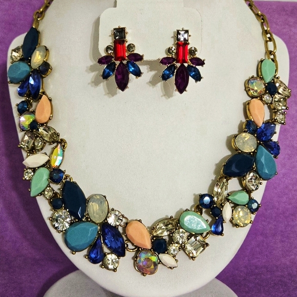 J Crew Multicolor Crystal Rhinestone Statement Necklace Unbranded Earring Set - Picture 11 of 16